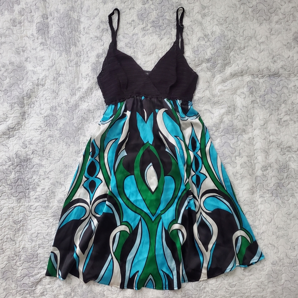 Bebe Fairycore Flowy Blue and Green Silk Dress with Crochet Bodice